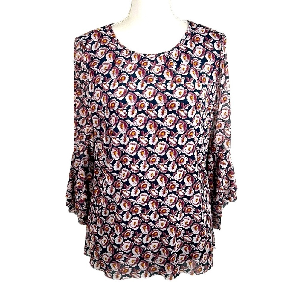 MSK Navy Blue Floral Boho Sheer‎ Ruffle Sleeves Size Large